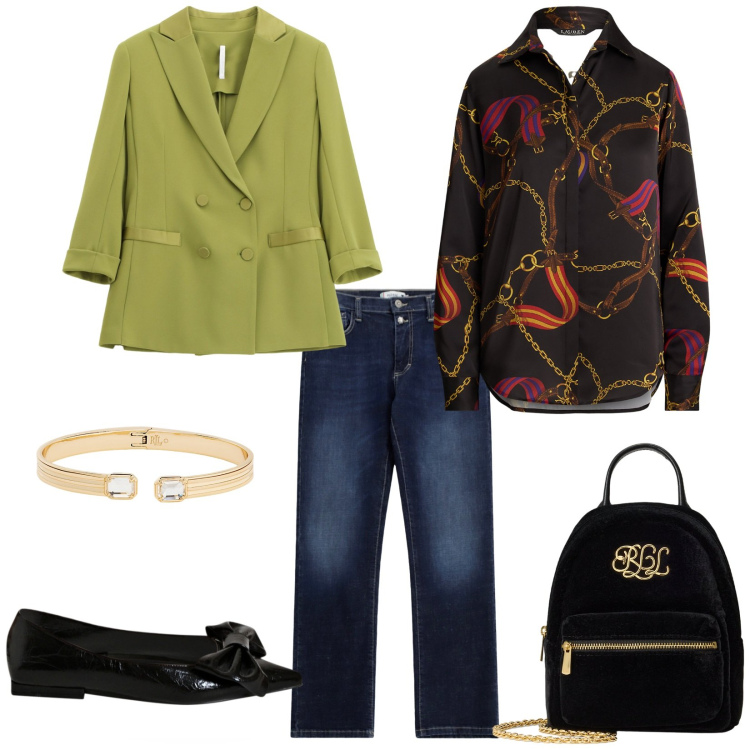 Outfit donna - Total look #2260758. Stile Casual chic per Ufficio. Abbinamento con jeans dritti, ballerine, blazer, braccialetti, borse a tracolla, camicie.
