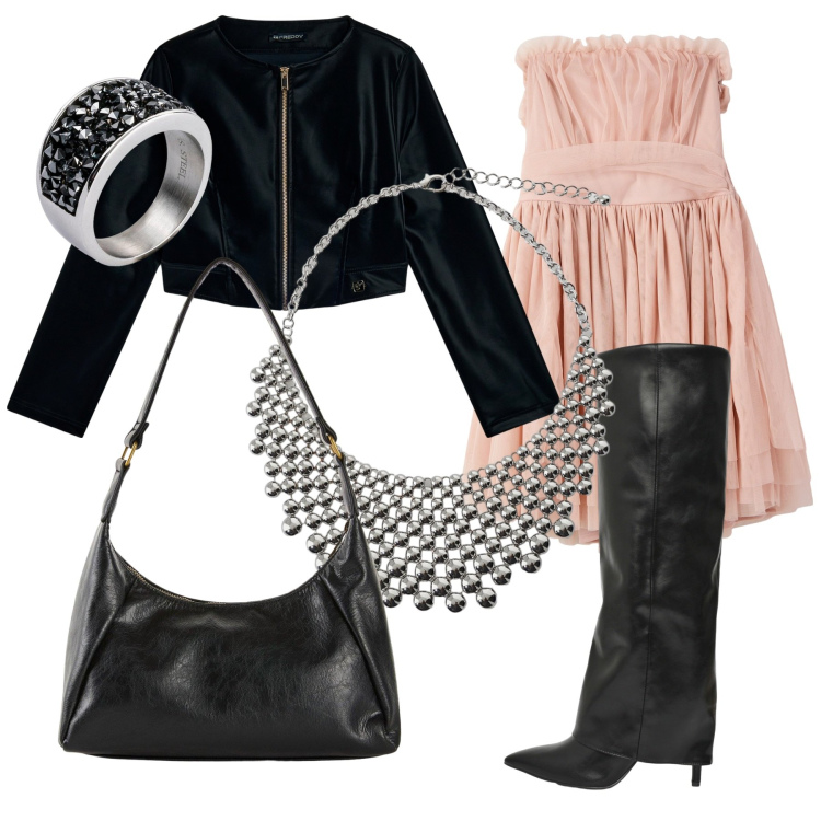 Outfit donna - La più bella della festa. Stile Bon Ton per Serata fuori. Abbinamento con anelli, borse a mano, vestiti corti, stivali, collane, blazer.