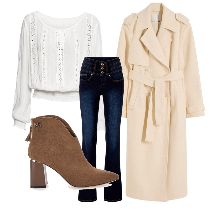 Outfit donna - Total look #2260761. per Tutti i giorni. Abbinamento con bluse, jeans bootcut, trench, stivaletti.