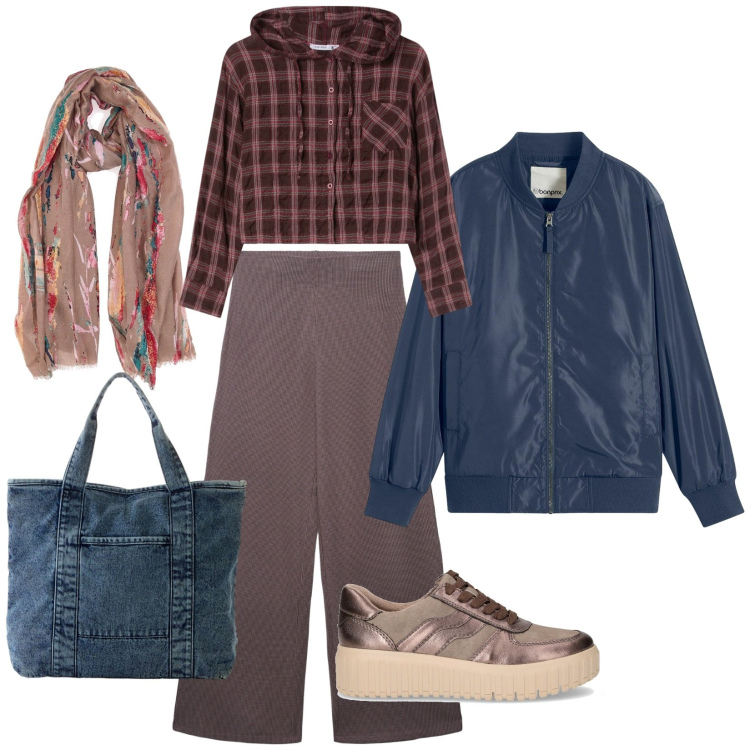 Outfit donna - Bomber. Stile Basic per Tutti i giorni. Abbinamento con shopping bag, bomber, pantaloni, camicie, foulard, sneakers.