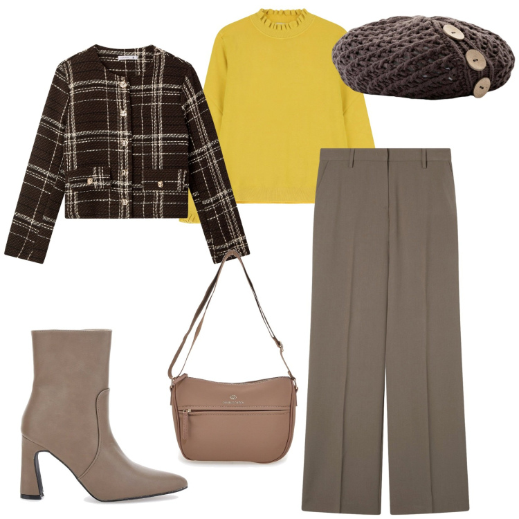 Outfit donna - Total look #2260763. Stile Casual chic per Tutti i giorni. Abbinamento con berretti, pantaloni a palazzo, blazer, maglieria, stivaletti, borse a tracolla.