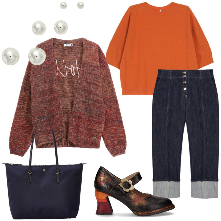 Outfit donna - Intramontabili jeans. Stile Casual chic per Tutti i giorni. Abbinamento con cardigans, maglieria, borse tote, orecchini, jeans, décolleté.