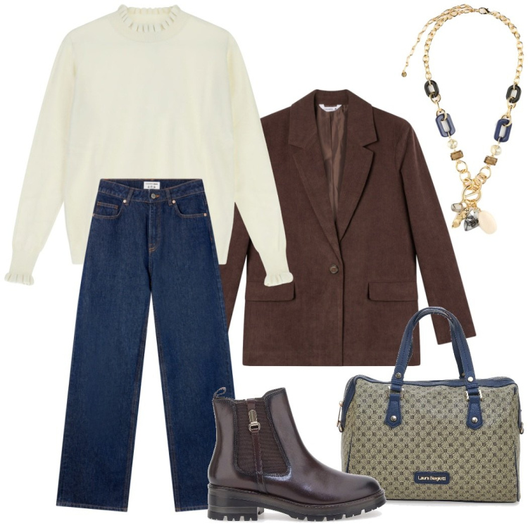 Outfit donna - A lavoro. Stile Casual per Ufficio. Abbinamento con blazer, jeans, maglieria, stivaletti chelsea, borse a spalla, collane.
