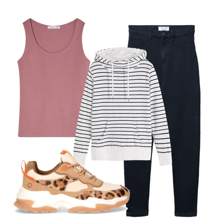 Outfit donna - Sporty chic. Stile Sporty chic per Tutti i giorni. Abbinamento con felpe con cappuccio, jeggings, top, sneakers alte.