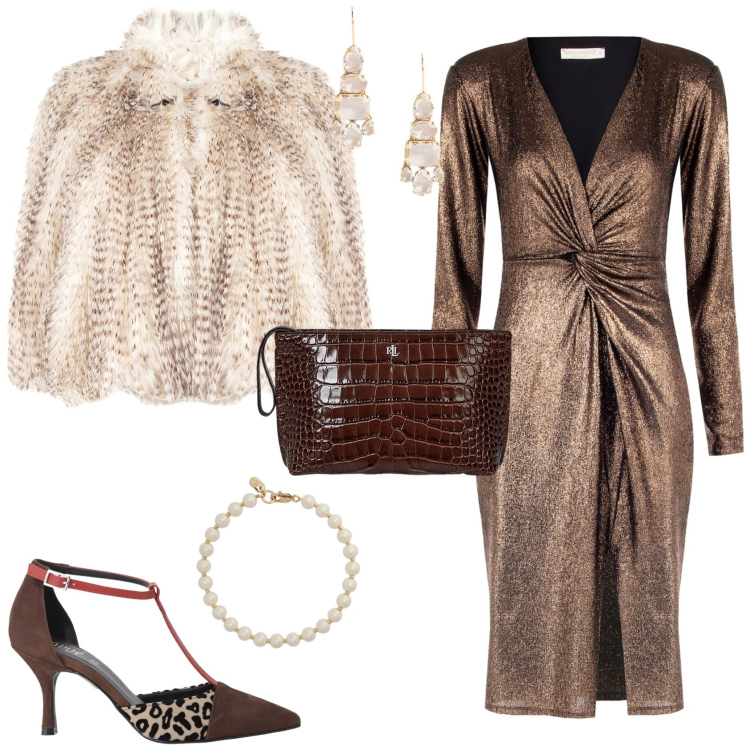 Outfit donna - Total look #2260769. Stile Glamour per Serata fuori. Abbinamento con ecopellicce, vestiti a tubino, décolleté, pochette, braccialetti, orecchini.