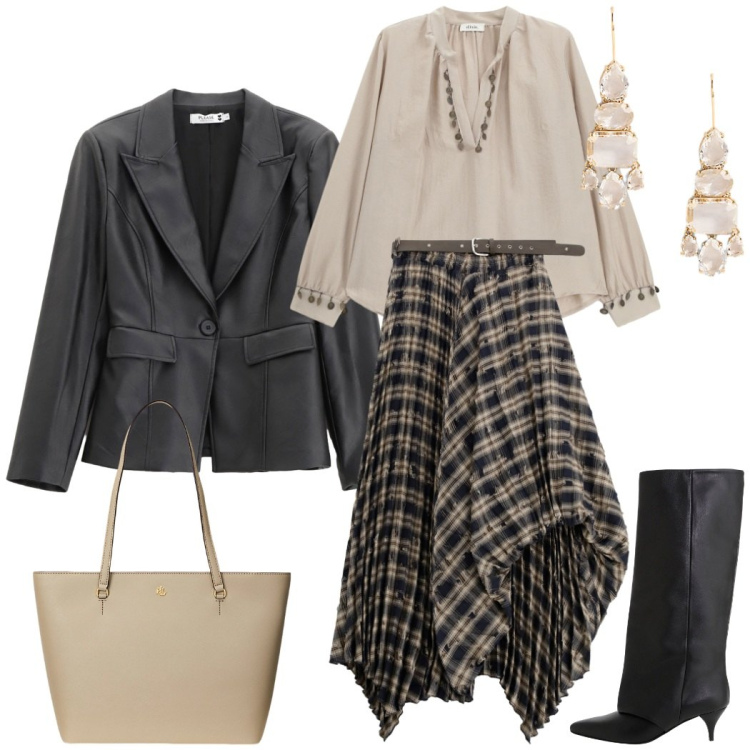 Outfit donna - Scozzese trendy. Stile Casual chic per Tutti i giorni. Abbinamento con blazer, gonne lunghe, camicie, stivali, borse tote, orecchini.