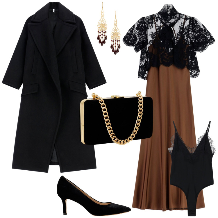 Outfit donna - Total look #2260771. Stile Chic per Serata fuori. Abbinamento con vestiti lunghi, cappotti, body, décolleté, clutch, orecchini.