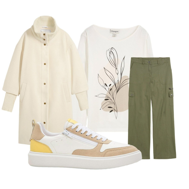Outfit donna - Total look #2260773. Stile Casual per Scuola/Università. Abbinamento con cappotti, pantaloni cargo, maglieria, sneakers.