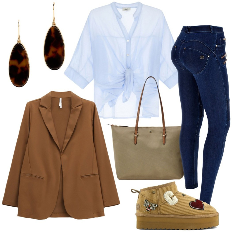 Outfit donna - Total look #2260774. Stile Casual chic per Scuola/Università. Abbinamento con blazer, camicie, jeans skinny, borse tote, orecchini, stivali.