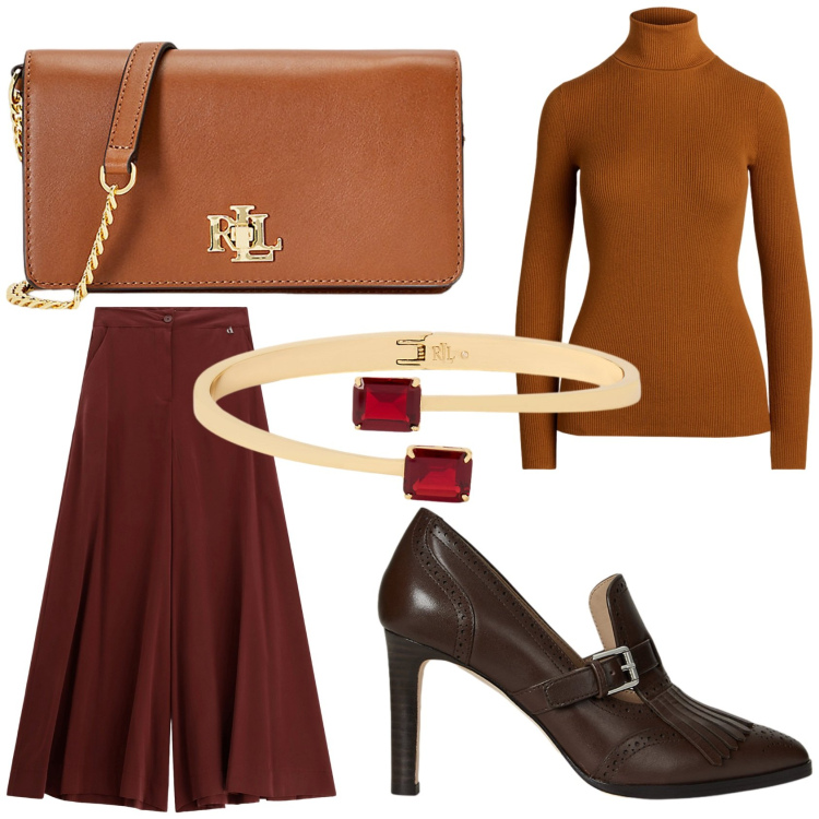 Outfit donna - Brunch con i colleghi. Stile Chic per Ufficio. Abbinamento con pantaloni a palazzo, décolleté, borse a mano, maglieria, braccialetti.