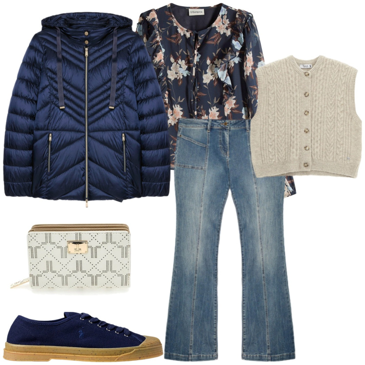 Outfit donna - Total look #2260779. Stile Casual chic per Tutti i giorni. Abbinamento con camicie, gilet, sneakers, portafogli, jeans, piumini.