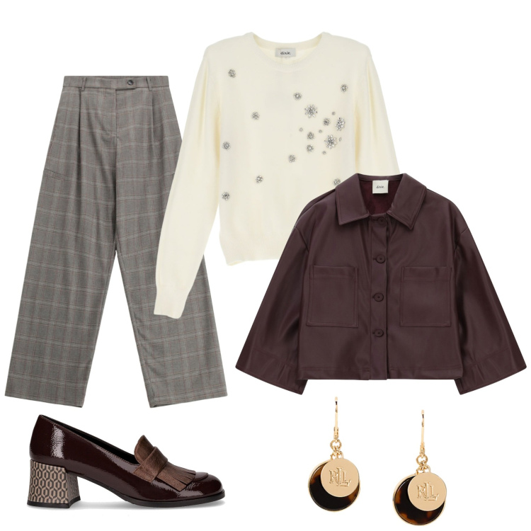 Outfit donna - Autunno. Stile Glamour per Ufficio. Abbinamento con pantaloni a palazzo, maglieria, blazer, orecchini, mocassini.