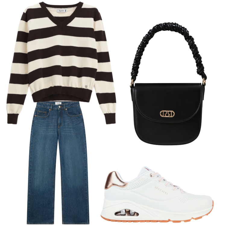 Outfit donna - Aperitivo. Stile Trendy per Tutti i giorni. Abbinamento con jeans, maglieria, borse a mano, sneakers.