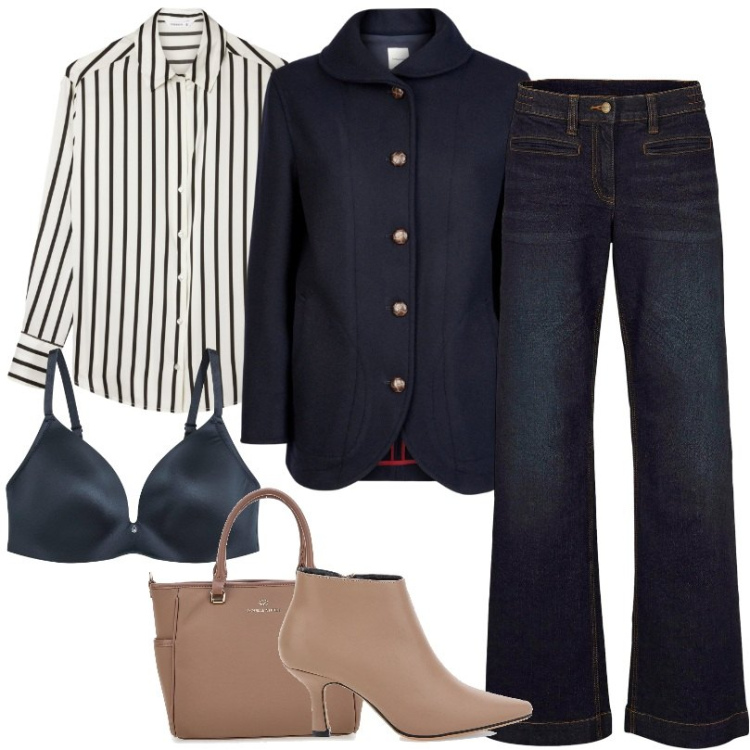 Outfit donna - Total look #2260786. Stile Casual per Ufficio. Abbinamento con jeans, reggiseni, camicie, blazer, stivaletti, borse a tracolla.