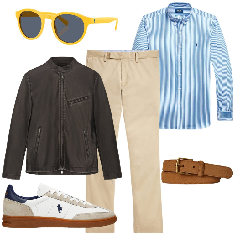 Outfit uomo - Casually in the fall. Stile Casual per Tutti i giorni. Abbinamento con camicie, pantaloni chino, sneakers, cinture, occhiali da sole, giacche.