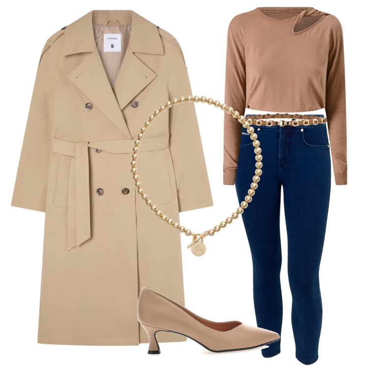 Outfit donna - Giochiamo con il “sabbia “. Stile Casual chic per Ufficio. Abbinamento con trench, cinture, maglieria, jeans skinny, collane, décolleté.