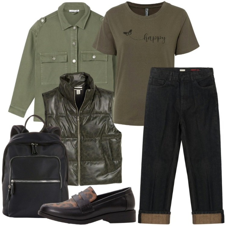 Outfit donna - Casual-urban. Stile Urban per Ufficio. Abbinamento con zaini, t-shirt, piumini, mocassini, cappotti, jeans dritti.