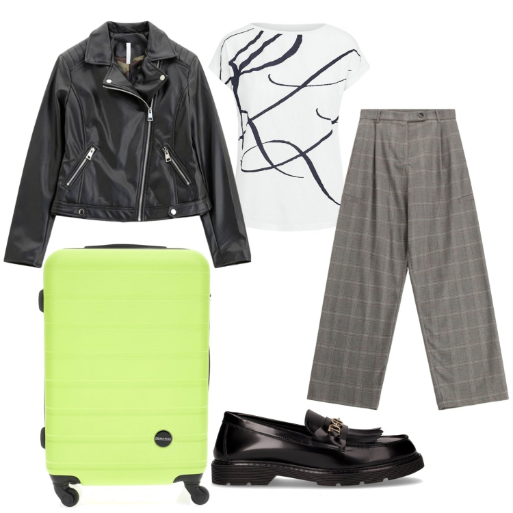 Outfit donna - È sempre il momento giusto per partire. Stile Urban per Tutti i giorni. Abbinamento con pantaloni a palazzo, blazer, maglieria, mocassini, valigie.