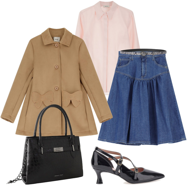 Outfit donna - Atmosfere romantiche. Stile Romantica per Tutti i giorni. Abbinamento con borse a mano, cinture, gonne longuette, cappotti, camicie, décolleté.