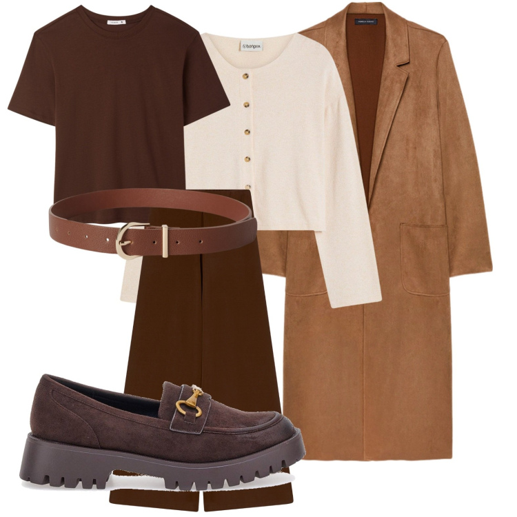 Outfit donna - Brown. Stile Casual chic per Tutti i giorni. Abbinamento con cardigans, pantaloni, cinture, t-shirt, mocassini, trench.