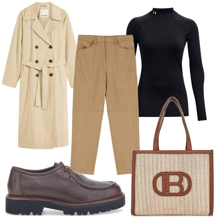 Outfit donna - Trench Season : doppiopetto. Stile Mannish per Tutti i giorni. Abbinamento con trench, pantaloni chino, pullovers, borse a spalla, scarpe stringate.