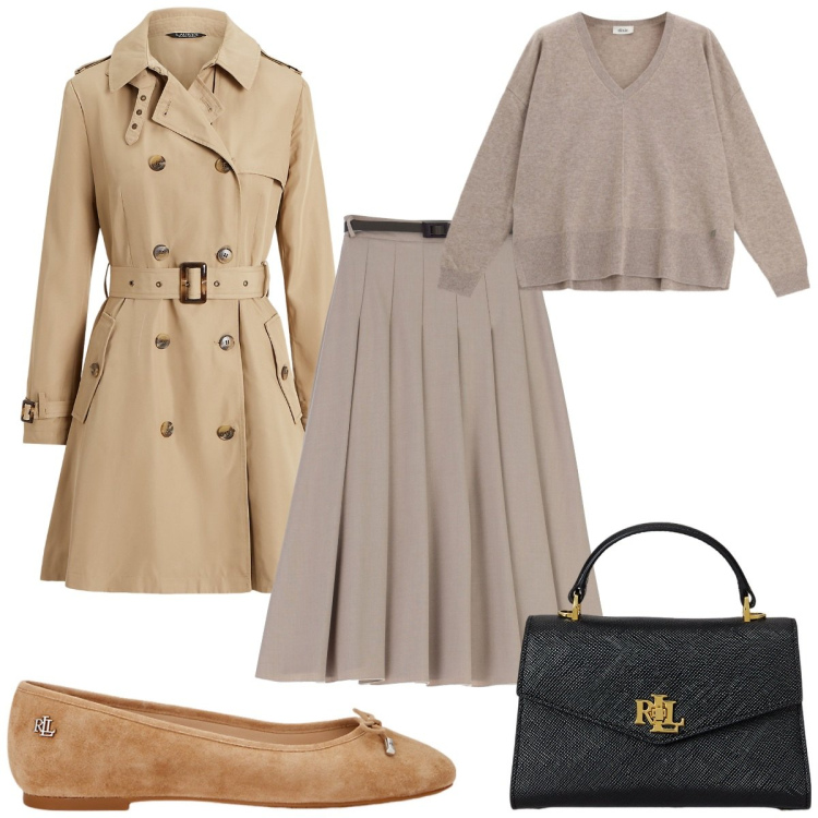 Outfit donna - Trench Season : Anni \'60. Stile Trendy per Tutti i giorni. Abbinamento con gonne longuette, maglieria, ballerine, borse a mano, trench.