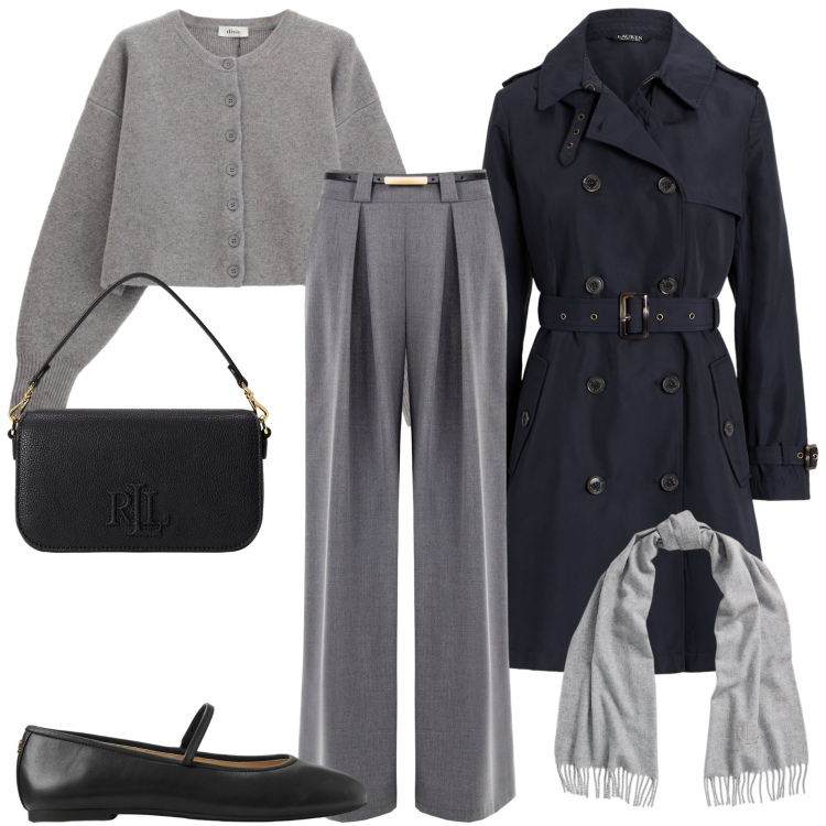 Outfit donna - Trench season. Stile Urban per Tutti i giorni. Abbinamento con pantaloni a palazzo, cardigans, sciarpe, ballerine, trench, borse a spalla.