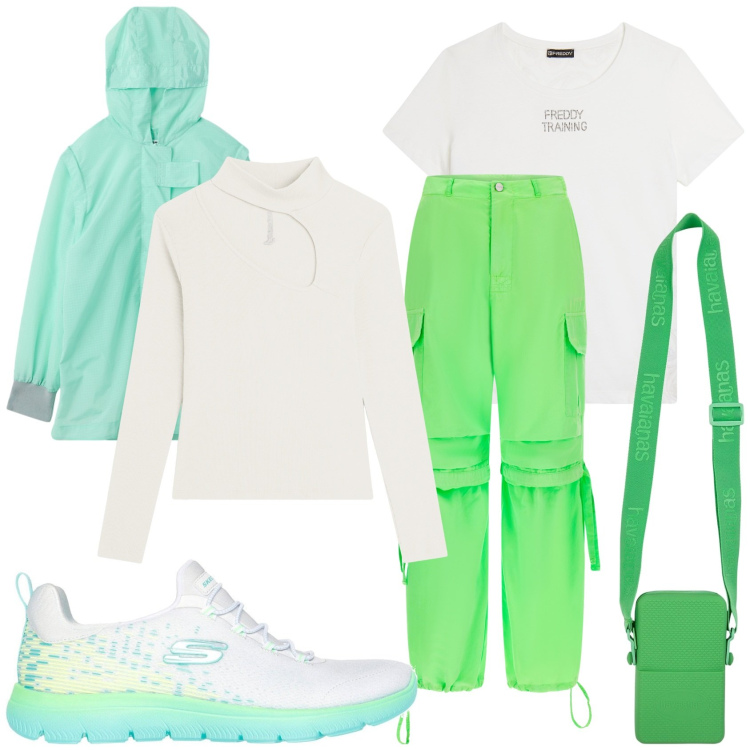 Outfit donna - Sportiva con praticità. Stile Sporty chic per Tutti i giorni. Abbinamento con cappotti, pantaloni cargo, maglieria, t-shirt, borse a tracolla, sneakers.