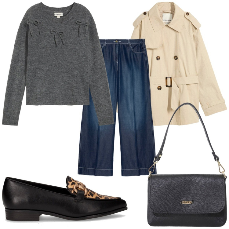 Outfit donna - Trench Season : trench curvy. Stile Trendy per Tutti i giorni. Abbinamento con trench, maglieria, borse a tracolla, pantaloni, mocassini.