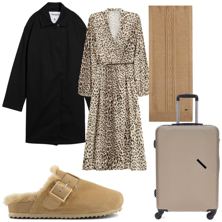 Outfit donna - Trench Season: trench in viaggio. Stile Trendy per Tutti i giorni. Abbinamento con trench, vestiti midi/longuette, sciarpe, valigie, sabot.