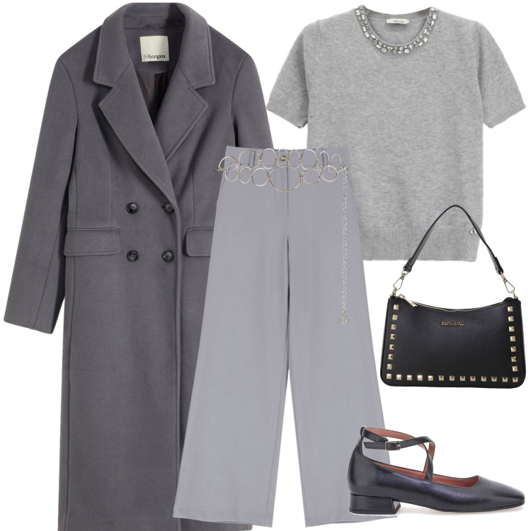 Outfit donna - Atmosfere romantiche. Stile Romantica per Serata fuori. Abbinamento con cappotti, cinture, pochette, maglieria, pantaloni a palazzo, ballerine.