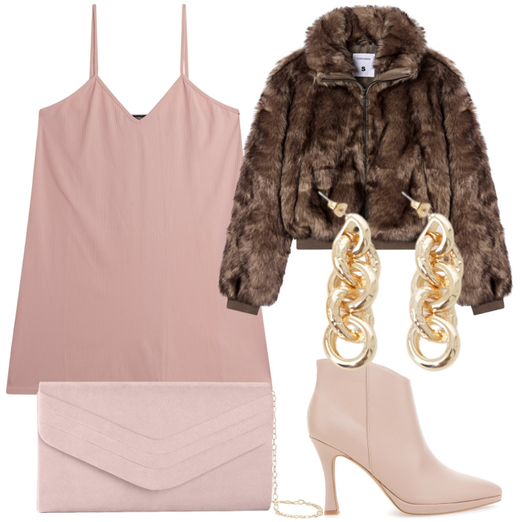 Outfit donna - Rose d autunno. Stile Bon Ton per Serata fuori. Abbinamento con pochette, ecopellicce, vestiti corti, orecchini, stivaletti.
