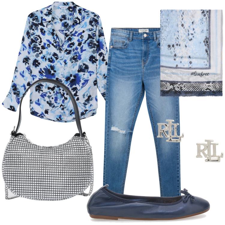 Outfit donna - Fiori e luci per pomeriggio romantico. Stile Romantica per Tutti i giorni. Abbinamento con camicie, borse a spalla, jeans strappati, orecchini, ballerine, foulard.