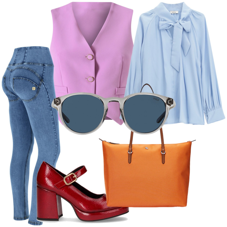 Outfit donna - Un ufficio coloratissimo. Stile Trendy per Ufficio. Abbinamento con gilet, jeans skinny, bluse, occhiali da sole, borse tote, décolleté.