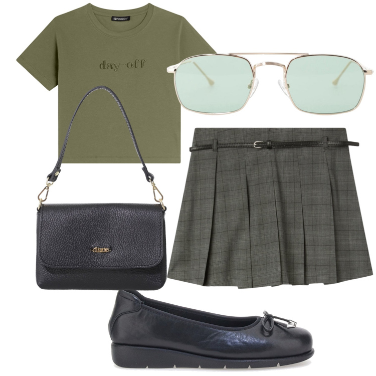 Outfit donna - Minimal preppy. Stile Minimal per Tutti i giorni. Abbinamento con minigonne, borse a tracolla, occhiali da sole, t-shirt, ballerine.