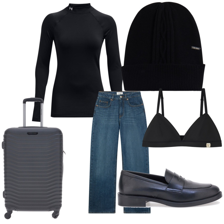 Outfit donna - Minimal journey. Stile Minimal per Tutti i giorni. Abbinamento con jeans, reggiseni, cappelli, pullovers, mocassini, valigie.