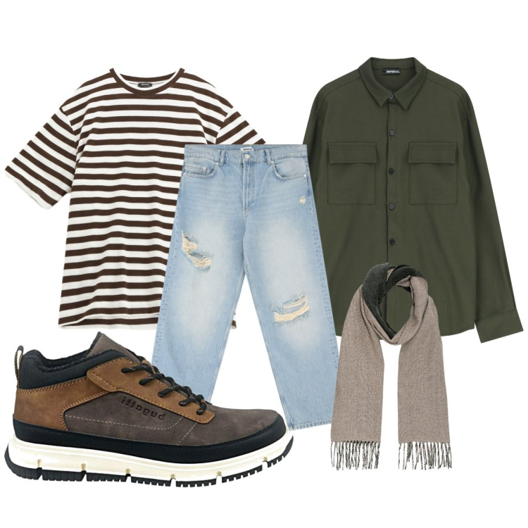 Outfit uomo - Total look #2260825. Stile Casual Abbinamento con t-shirt, camicie, jeans strappati, sciarpe, sneakers alte.