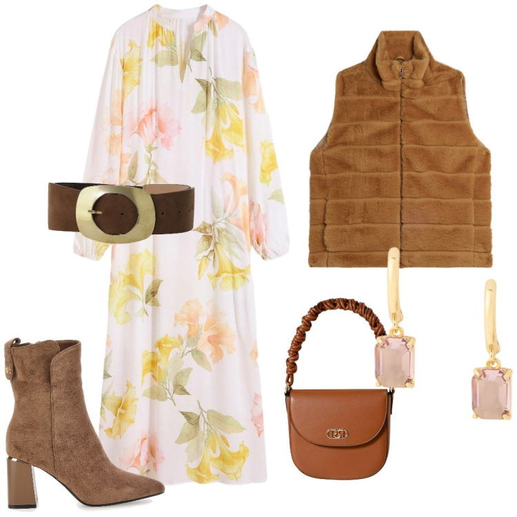 Outfit donna - Romantico autunno. Stile Romantica per Tutti i giorni. Abbinamento con vestiti, cinture, borse a mano, gilet, orecchini, stivaletti.