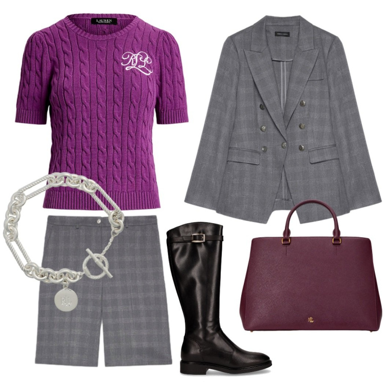 Outfit donna - Total look #2260827. Stile Urban per Ufficio. Abbinamento con braccialetti, borse a mano, t-shirt, blazer, bermuda, stivali.