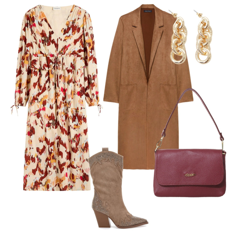 Outfit donna - Atmosfere romantiiche. per Tutti i giorni. Abbinamento con vestiti midi/longuette, borse a tracolla, orecchini, stivali, trench.