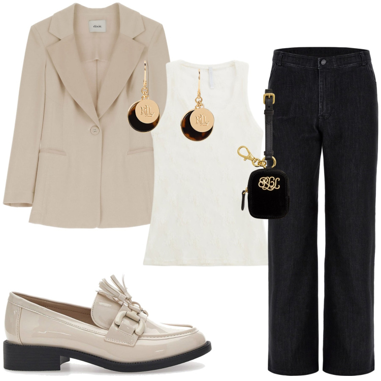 Outfit donna - Minimal con stile. Stile Minimal per Tutti i giorni. Abbinamento con canottiere, jeans, blazer, orecchini, pochette, mocassini.