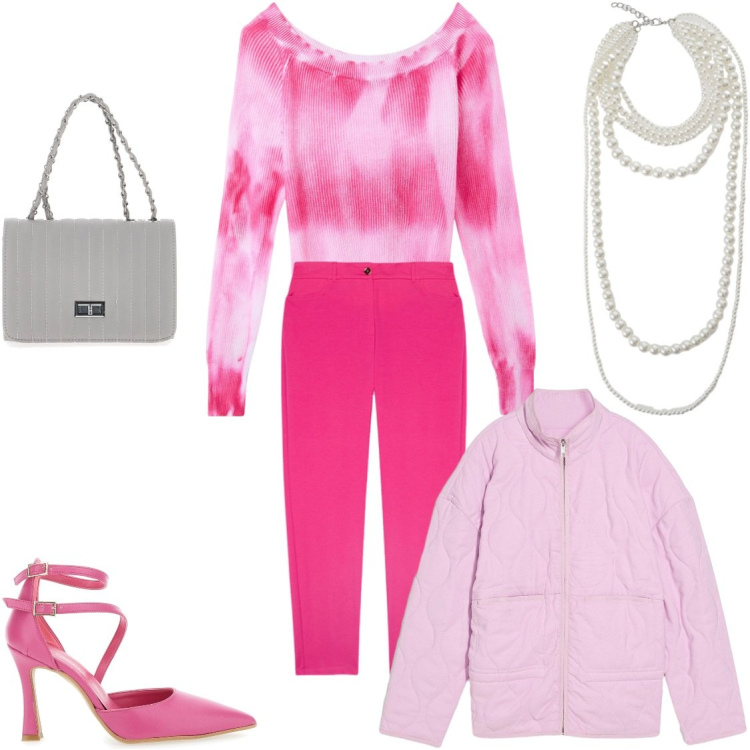 Outfit donna - Rosa glam. Stile Glamour per Serata fuori. Abbinamento con giacche, maglieria, collane, décolleté, borse a tracolla, pantaloni chino.