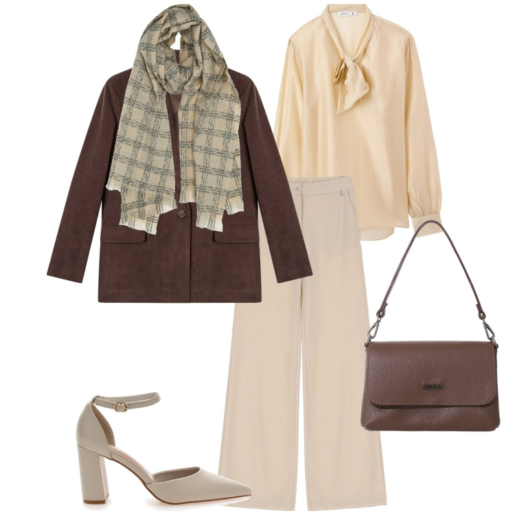 Outfit donna - Total look #2260831. Stile Bon Ton per Ufficio. Abbinamento con bluse, blazer, pantaloni, borse a tracolla, décolleté, sciarpe.