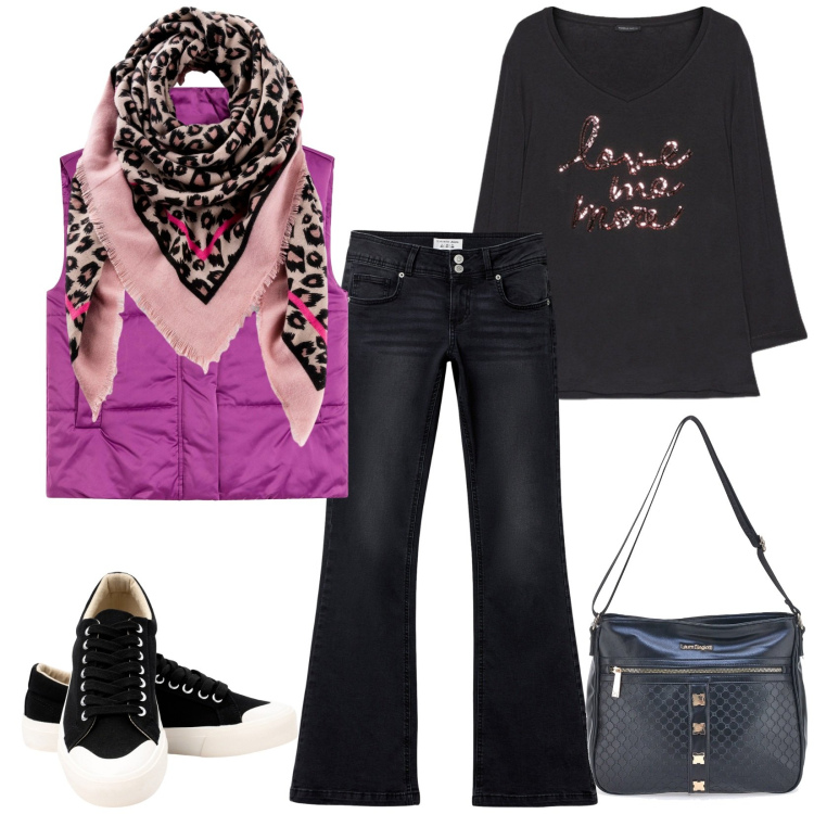Outfit donna - Total look #2260835. Stile Casual per Tutti i giorni. Abbinamento con foulard, piumini, jeans a zampa, t-shirt, sneakers, borse a tracolla.