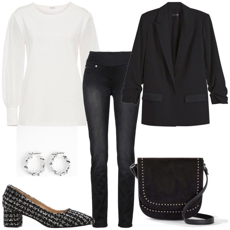 Outfit femme - Au bureau en octobre. Style Basique pour Bureau. Assortir avec chaussures à talon, t-shirts, jean coupe droite, boucles d'oreilles, blazers, sacs en bandoulière.