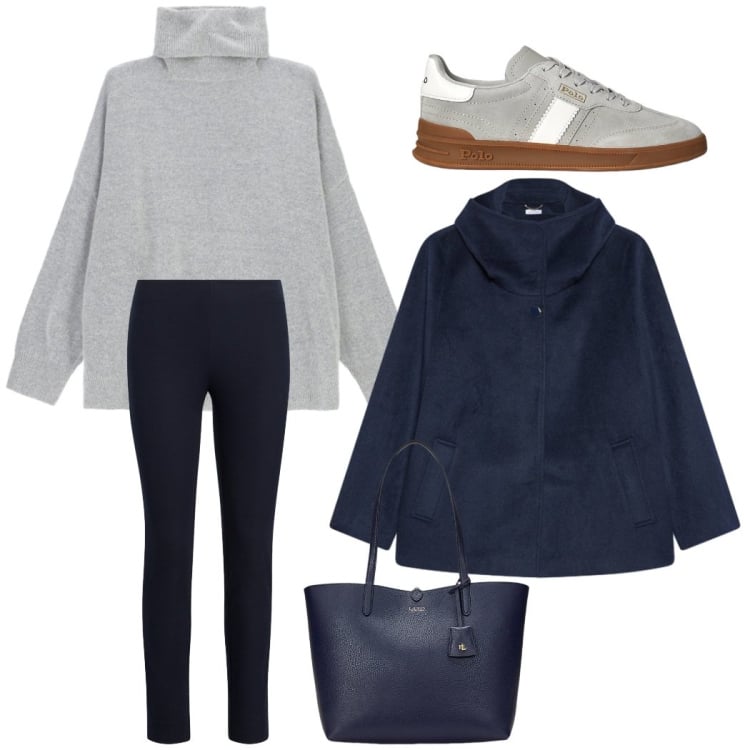 Outfit donna - Minimal chic. Stile Basic per Ufficio. Abbinamento con maglieria, borse tote, sneakers, pantaloni skinny, caban.