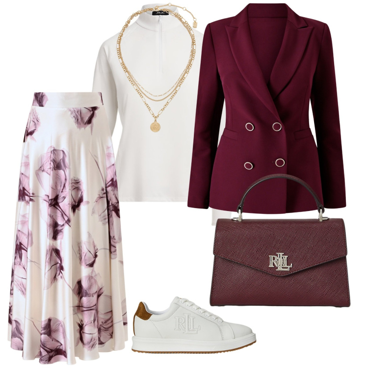 Outfit donna - Atmosfere romantiche. per Ufficio. Abbinamento con gonne lunghe, blazer, sneakers, ciondoli, borse a mano, pullovers.