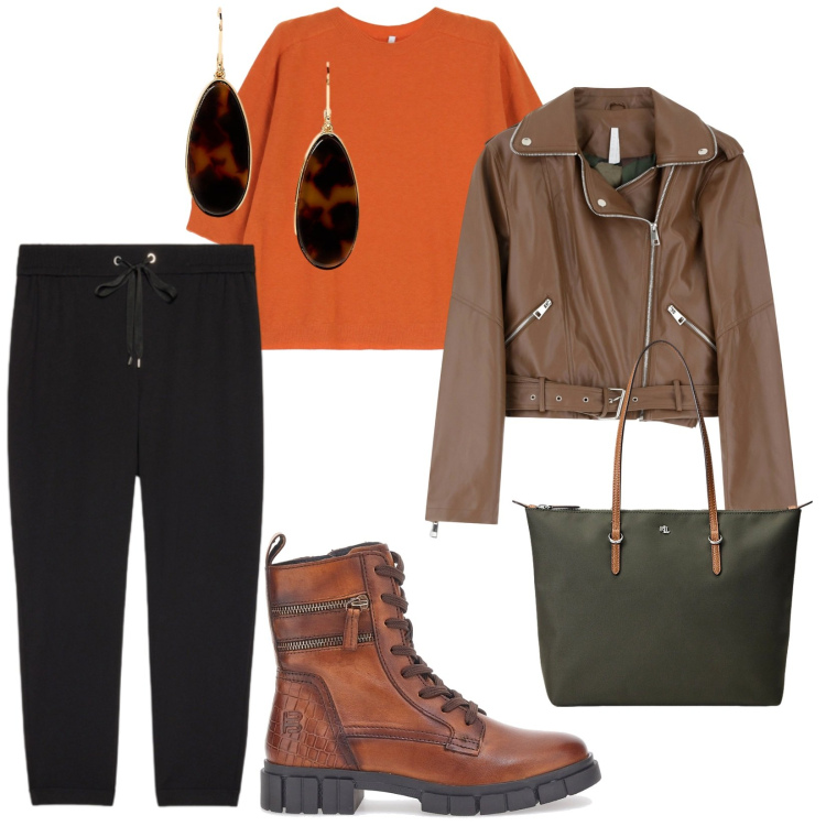 Outfit donna - Autunno a colori vivaci. per Tutti i giorni. Abbinamento con giacche, maglieria, borse tote, orecchini, anfibi, pantaloni.