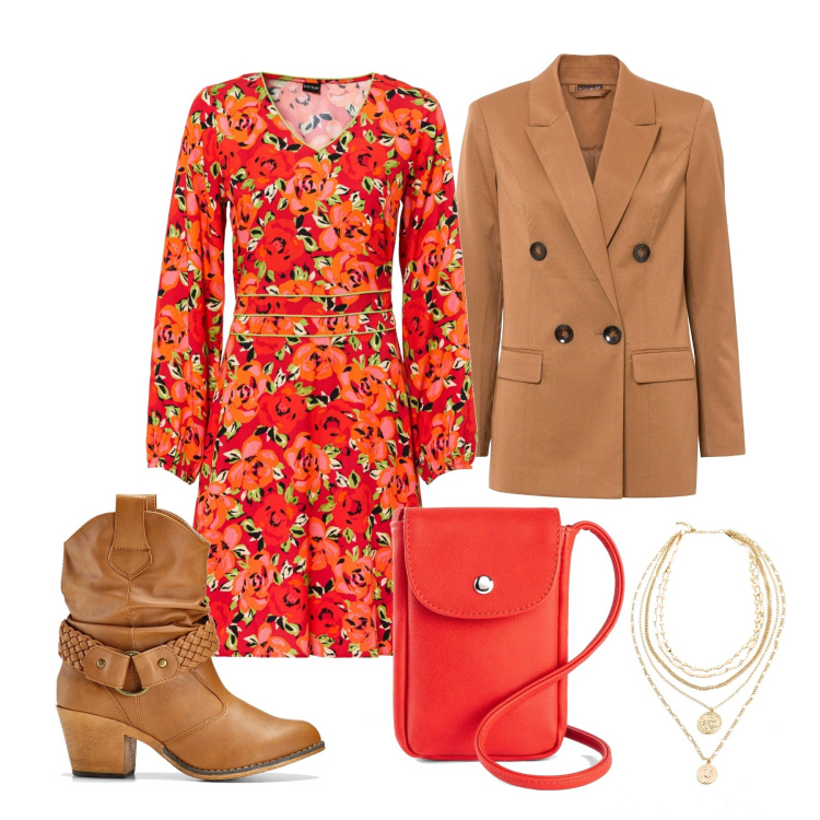 Outfit femme - Octobre. Style Tendance pour Tous les jours. Assortir avec bottines texanes, blazers, robes chemisier, pochette, colliers.