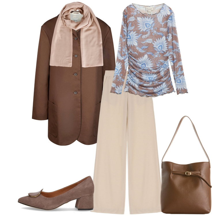 Outfit donna - Total look #2260848. Stile Urban per Ufficio. Abbinamento con bluse, borse a mano, foulard, pantaloni, décolleté, trench.